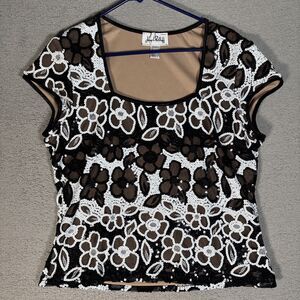 Vintage Joseph Ribkoff Top Womens‎ Size 16 Layered Sequin Black Floral Boho Y2K
